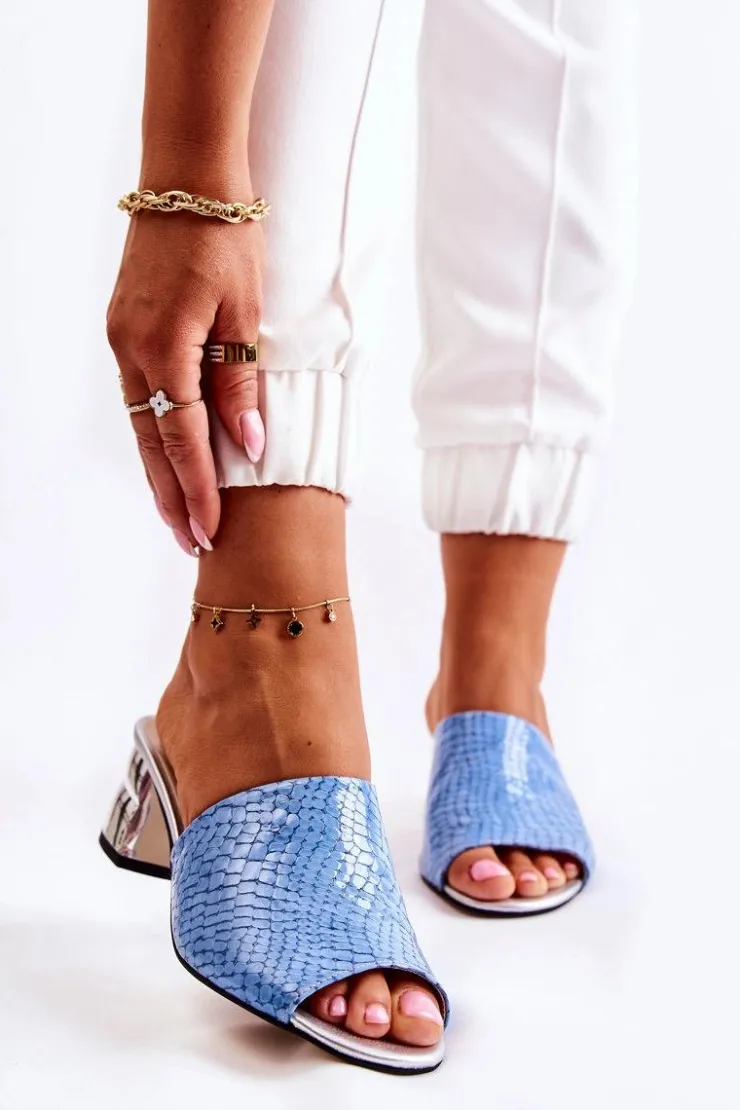 Damskie Boto Skórzane Klapki Damskie Wzór Krokodyl Na Obcasie Niebieskie Perry