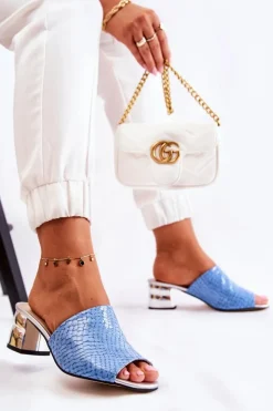 Damskie Boto Skórzane Klapki Damskie Wzór Krokodyl Na Obcasie Niebieskie Perry