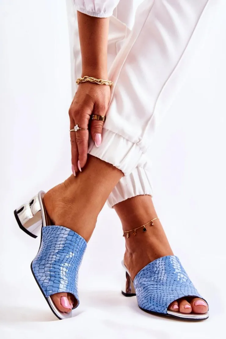 Damskie Boto Skórzane Klapki Damskie Wzór Krokodyl Na Obcasie Niebieskie Perry