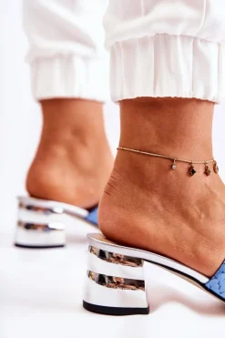 Damskie Boto Skórzane Klapki Damskie Wzór Krokodyl Na Obcasie Niebieskie Perry