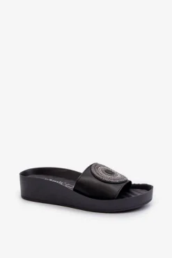 New Damskie buty S.Barski Skórzane Klapki Damskie Z Ozdobą S.Barski KV27-019 Czarne