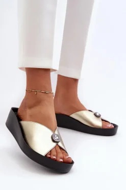 Damskie buty S.Barski Klapki Na Koturnie|Klapki Damskie Klasyczne*Skórzane Klapki Damskie Z Ozdobą Złote S.Barski KV27-027