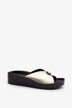 Damskie buty S.Barski Klapki Na Koturnie|Klapki Damskie Klasyczne*Skórzane Klapki Damskie Z Ozdobą Złote S.Barski KV27-027