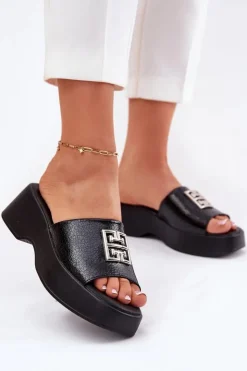 Buty damskie Vinceza Klapki Na Koturnie|Klapki Na Platformie*Skórzane Klapki Damskie Z Ozdobą Vinceza 79526 Czarne Czarny