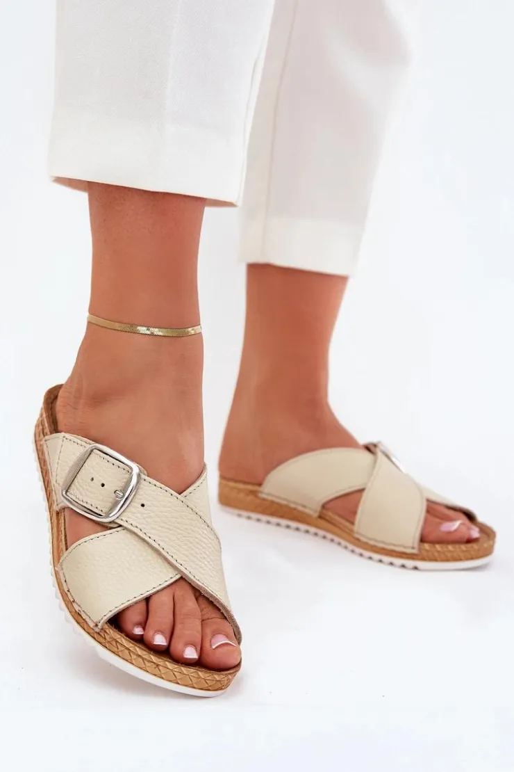 INBLU Klapki Damskie Klasyczne|Klapki Na Platformie*Skórzane Klapki Damskie Z Klamrą VO0004GU Beżowe Beżowy