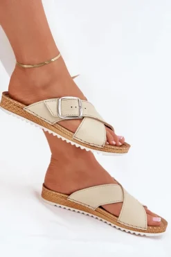 INBLU Klapki Damskie Klasyczne|Klapki Na Platformie*Skórzane Klapki Damskie Z Klamrą VO0004GU Beżowe Beżowy