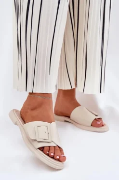 Damskie buty S.Barski Klapki Damskie Klasyczne*Skórzane Klapki Damskie Z Klamrą D&A SJ2302-01 Beżowe Beżowy