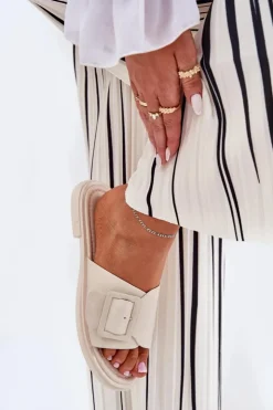 Damskie buty S.Barski Klapki Damskie Klasyczne*Skórzane Klapki Damskie Z Klamrą D&A SJ2302-01 Beżowe Beżowy