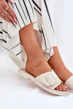 Damskie buty S.Barski Klapki Damskie Klasyczne*Skórzane Klapki Damskie Z Klamrą D&A SJ2302-01 Beżowe Beżowy