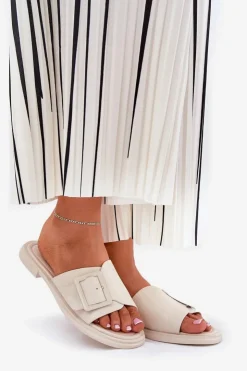 Damskie buty S.Barski Klapki Damskie Klasyczne*Skórzane Klapki Damskie Z Klamrą D&A SJ2302-01 Beżowe Beżowy