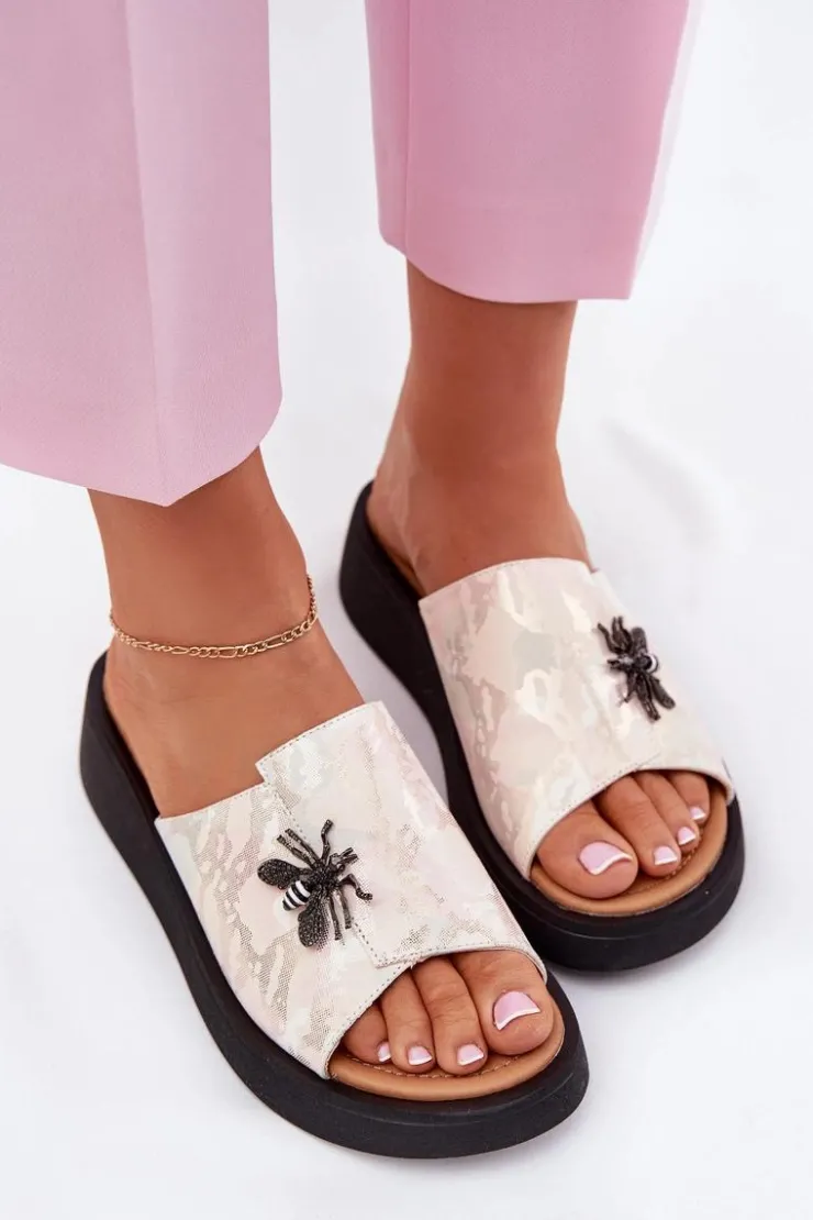 New Buty damskie Vinceza Skórzane Klapki Damskie Z Broszką Vinceza 66752 Beżowe