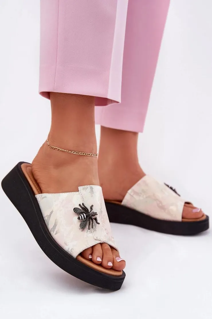 New Buty damskie Vinceza Skórzane Klapki Damskie Z Broszką Vinceza 66752 Beżowe