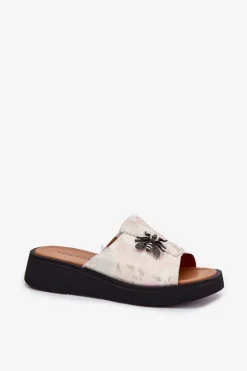 New Buty damskie Vinceza Skórzane Klapki Damskie Z Broszką Vinceza 66752 Beżowe