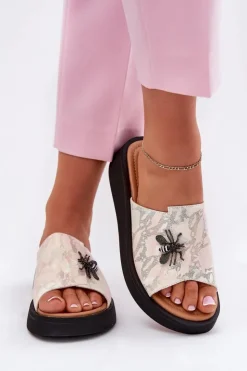 New Buty damskie Vinceza Skórzane Klapki Damskie Z Broszką Vinceza 66752 Beżowe