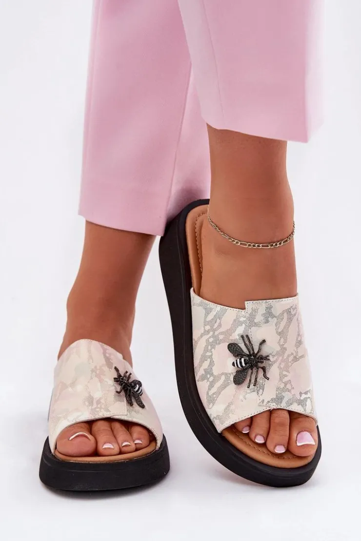 New Buty damskie Vinceza Skórzane Klapki Damskie Z Broszką Vinceza 66752 Beżowe