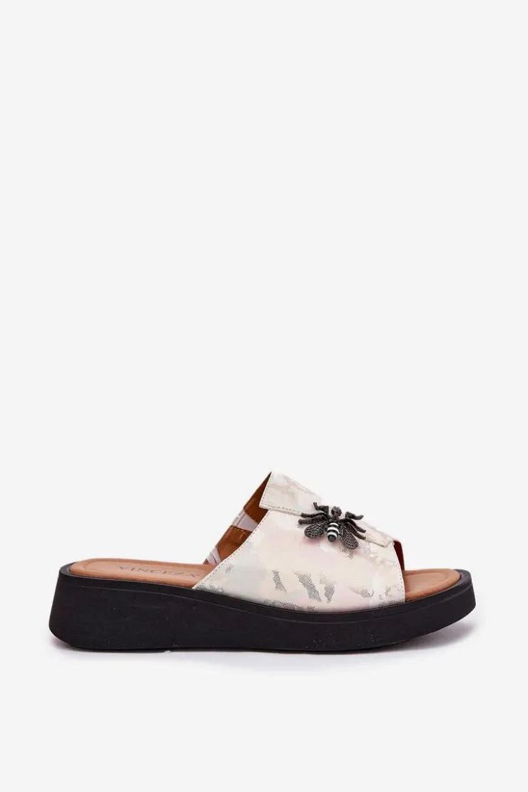 New Buty damskie Vinceza Skórzane Klapki Damskie Z Broszką Vinceza 66752 Beżowe