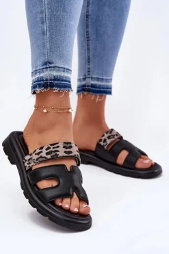 Buty damskie Vinceza Klapki Damskie Klasyczne*Skórzane Klapki Damskie Z Rzepem Panterka Vinceza 66769 Czarne Czarny