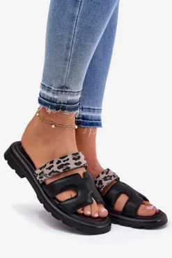 Buty damskie Vinceza Klapki Damskie Klasyczne*Skórzane Klapki Damskie Z Rzepem Panterka Vinceza 66769 Czarne Czarny