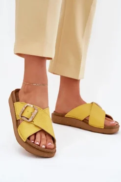 New INBLU Skórzane Klapki Damskie Z Klamrą ED0003IU Żółte Żółty
