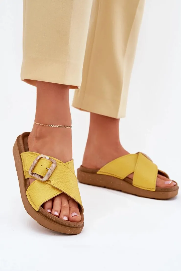 New INBLU Skórzane Klapki Damskie Z Klamrą ED0003IU Żółte Żółty