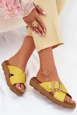 New INBLU Skórzane Klapki Damskie Z Klamrą ED0003IU Żółte Żółty