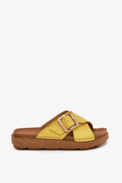 New INBLU Skórzane Klapki Damskie Z Klamrą ED0003IU Żółte Żółty