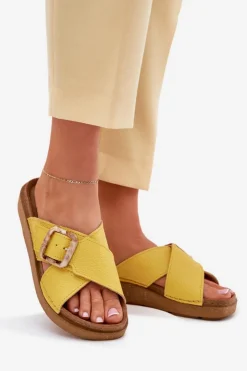 New INBLU Skórzane Klapki Damskie Z Klamrą ED0003IU Żółte Żółty