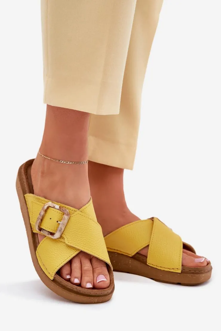 New INBLU Skórzane Klapki Damskie Z Klamrą ED0003IU Żółte Żółty