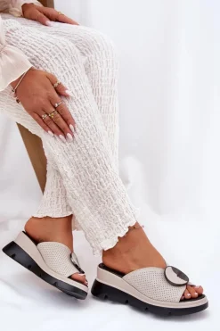 Damskie buty S.Barski Klapki Na Koturnie|Klapki Na Platformie*Skórzane Klapki Damskie Z Ozdobą S.Barski LR51-662 Beżowe