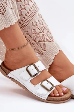 Online INBLU Skórzane Klapki Damskie Z Klarami AA0002KU Białe