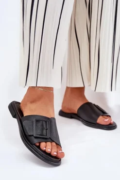 Damskie Damskie buty S.Barski Skórzane Klapki Damskie Z Klamrą D&A SJ2302-01 Czarne