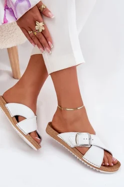 Damskie INBLU Skórzane Klapki Damskie Z Klamrą VO0004GU Białe