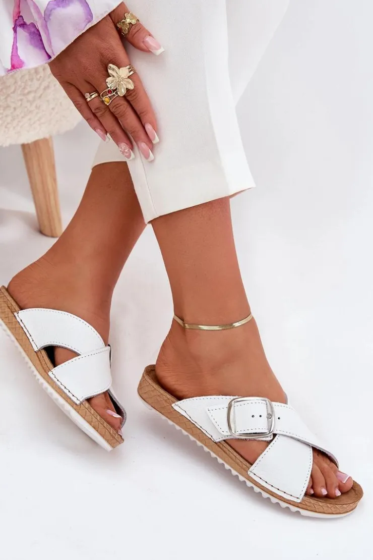 Damskie INBLU Skórzane Klapki Damskie Z Klamrą VO0004GU Białe