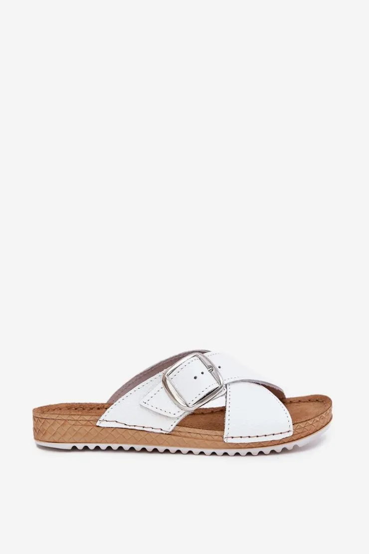 Damskie INBLU Skórzane Klapki Damskie Z Klamrą VO0004GU Białe