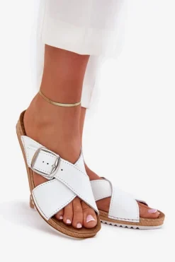 Damskie INBLU Skórzane Klapki Damskie Z Klamrą VO0004GU Białe