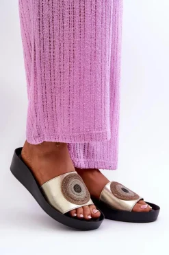 Damskie Damskie buty S.Barski Skórzane Klapki Damskie Z Ozdobą S.Barski KV27-019 Złote