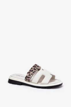 Damskie Buty damskie Vinceza Skórzane Klapki Damskie Z Rzepem Panterka Vinceza 66769 Jasnobeżowe