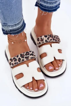 Damskie Buty damskie Vinceza Skórzane Klapki Damskie Z Rzepem Panterka Vinceza 66769 Jasnobeżowe