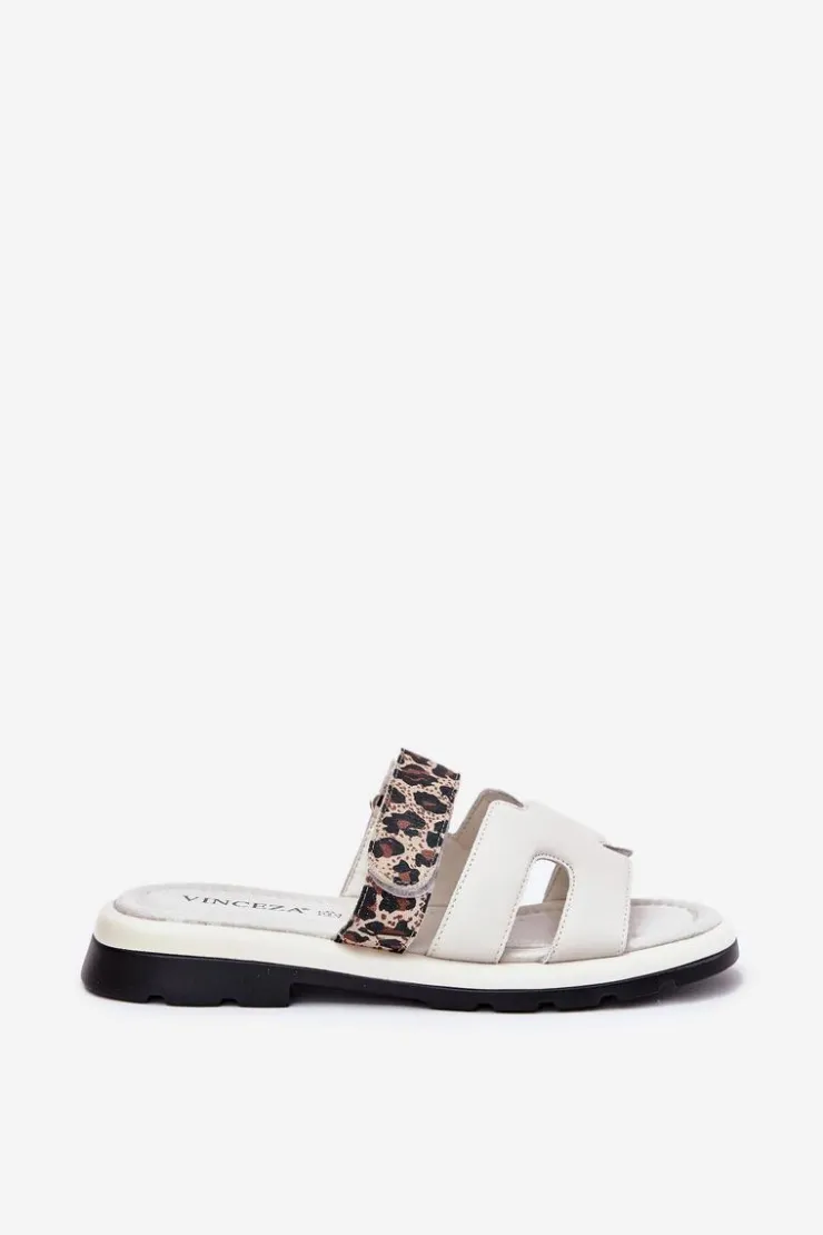 Damskie Buty damskie Vinceza Skórzane Klapki Damskie Z Rzepem Panterka Vinceza 66769 Jasnobeżowe