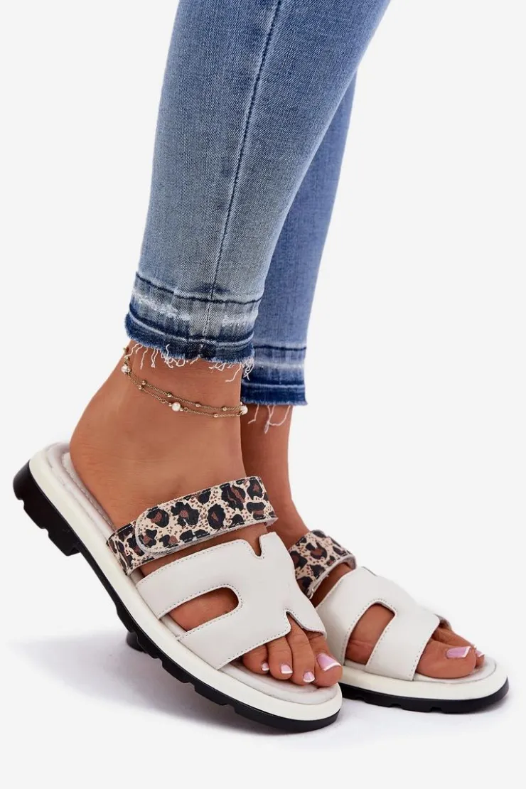 Damskie Buty damskie Vinceza Skórzane Klapki Damskie Z Rzepem Panterka Vinceza 66769 Jasnobeżowe