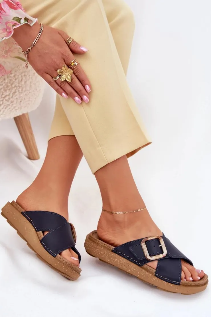 Damskie INBLU Skórzane Klapki Damskie Z Klamrą ED0003IU Granatowe