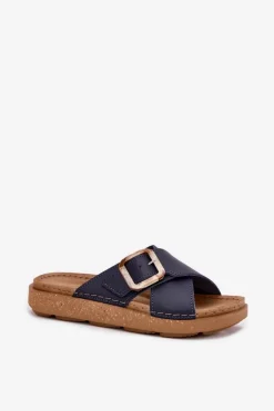 Damskie INBLU Skórzane Klapki Damskie Z Klamrą ED0003IU Granatowe