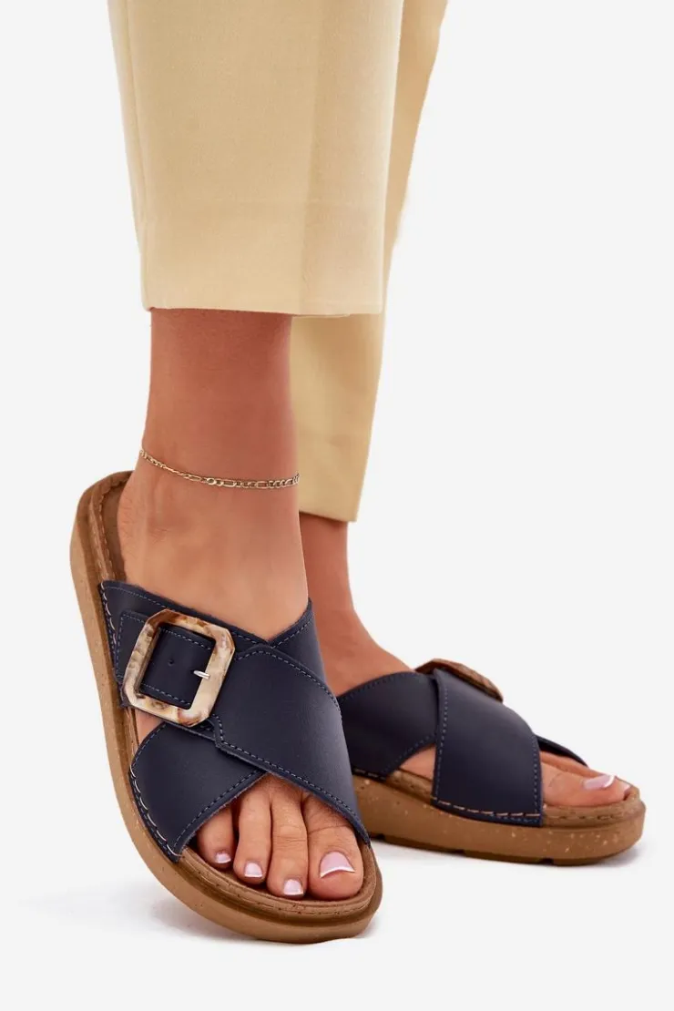 Damskie INBLU Skórzane Klapki Damskie Z Klamrą ED0003IU Granatowe