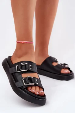 Hot Big Star Shoes Skórzane Klapki Damskie Z Ozdobnymi Klamrami Big Star RR274658 Czarne Czarny