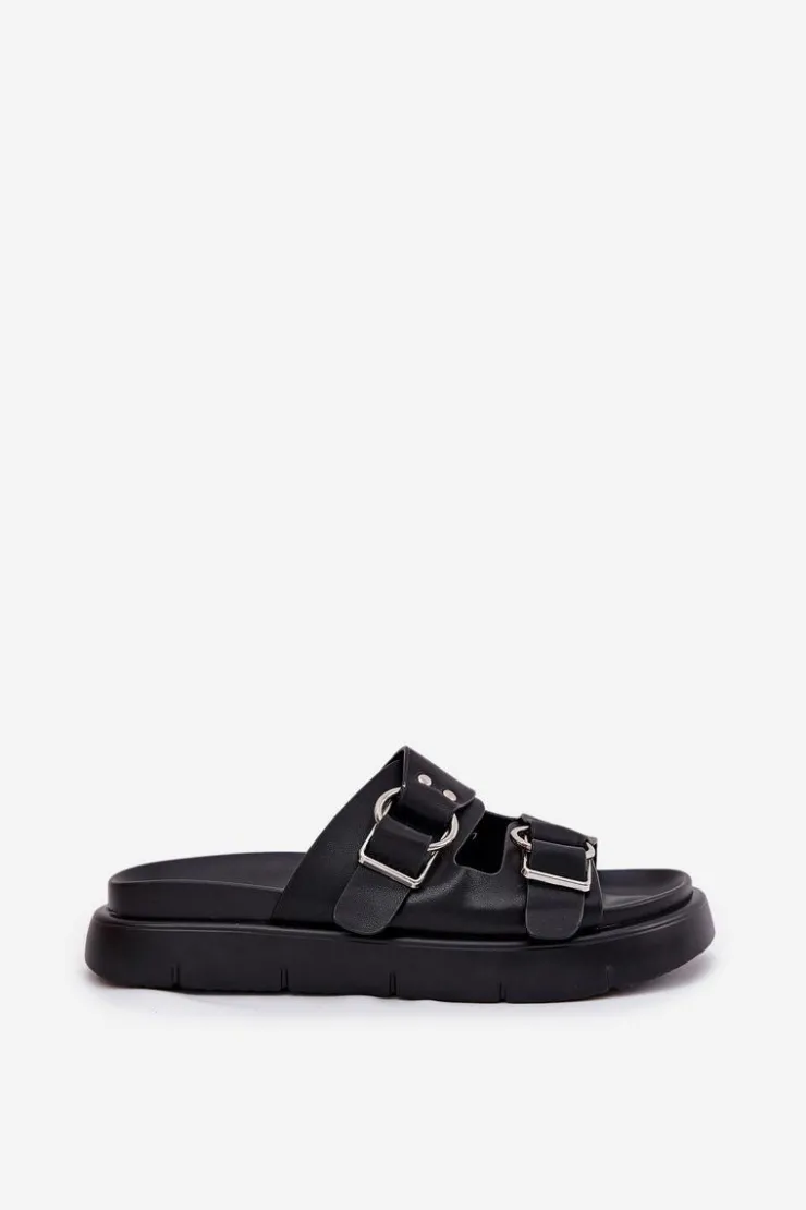 Hot Big Star Shoes Skórzane Klapki Damskie Z Ozdobnymi Klamrami Big Star RR274658 Czarne Czarny