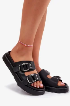 Hot Big Star Shoes Skórzane Klapki Damskie Z Ozdobnymi Klamrami Big Star RR274658 Czarne Czarny