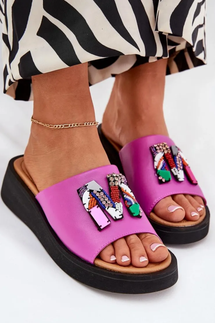 Damskie Buty damskie Vinceza Skórzane Klapki Damskie Z Ozdobą Fuksja Asames