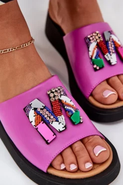 Damskie Buty damskie Vinceza Skórzane Klapki Damskie Z Ozdobą Fuksja Asames