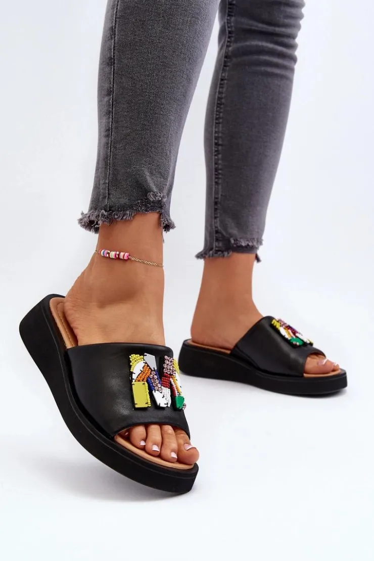 Damskie Buty damskie Vinceza Skórzane Klapki Damskie Z Ozdobą Czarne Asames