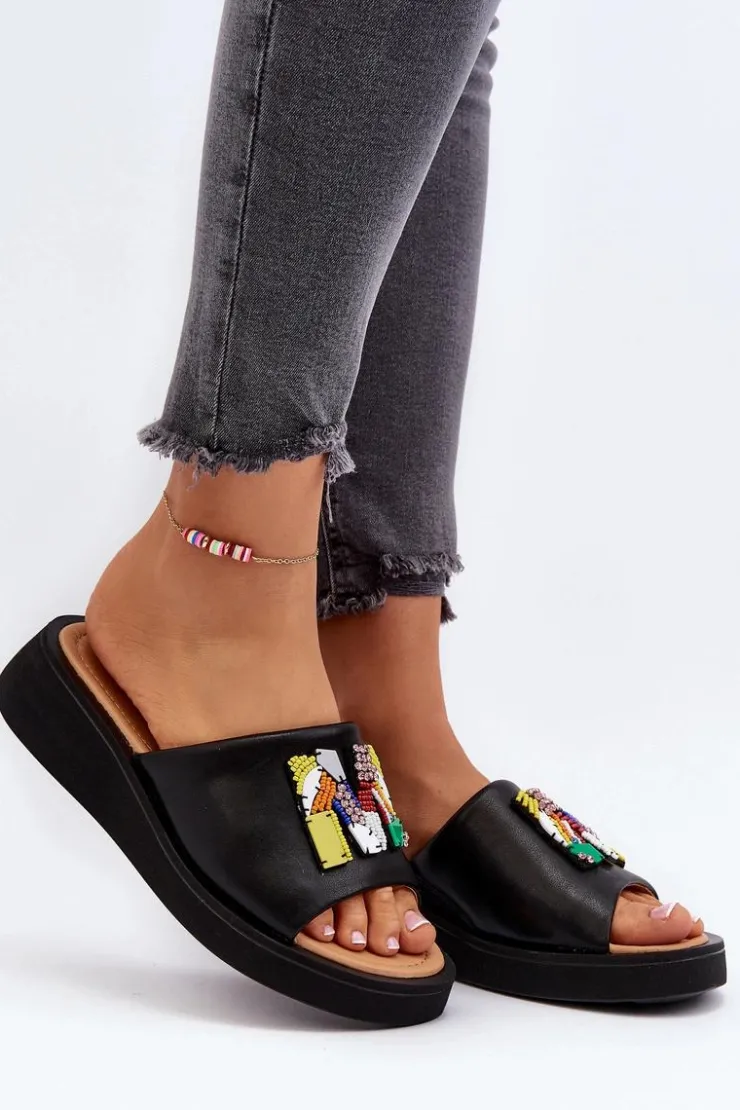 Damskie Buty damskie Vinceza Skórzane Klapki Damskie Z Ozdobą Czarne Asames